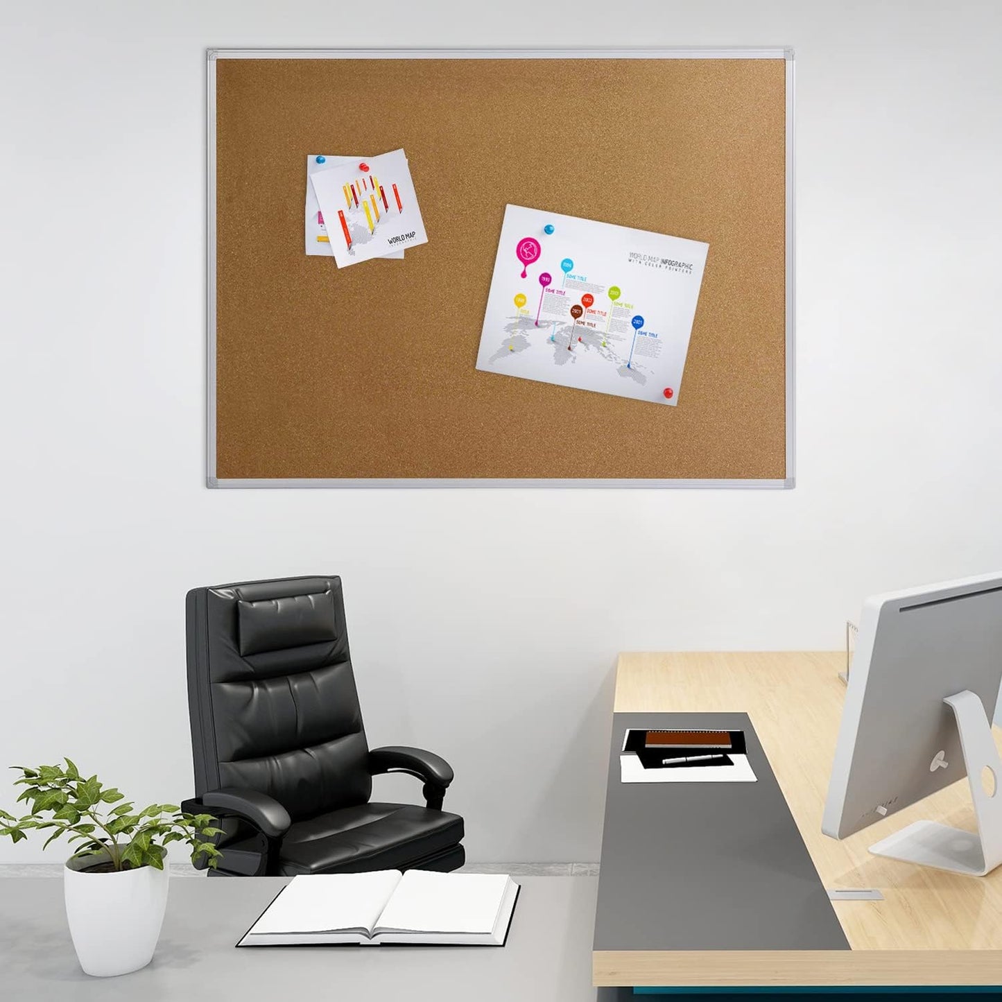 Bulletin Board 36 x 48, Silver Aluminium Framed 4x3 Large Wall Mounted Cork Office Notice Pin Board