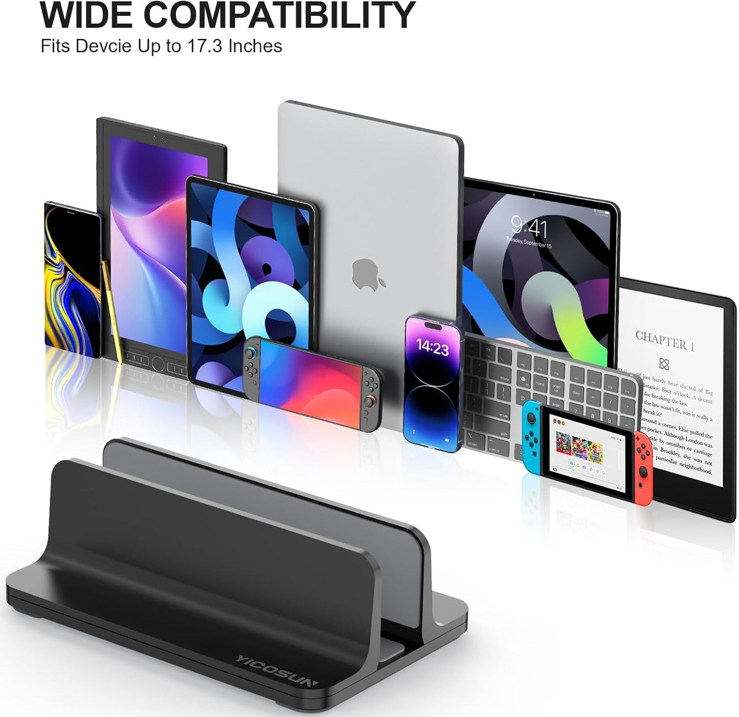 YICOSUN Dual-Slot Aluminum Vertical Laptop Stand for Desk - Adjustable Width Dock for MacBook, Surface, Samsung, HP, Dell up to 17.3 inches - Space-Saving & Protective Design - Gray