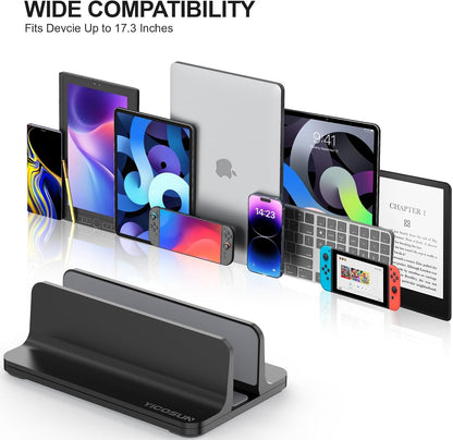 YICOSUN Dual-Slot Aluminum Vertical Laptop Stand for Desk - Adjustable Width Dock for MacBook, Surface, Samsung, HP, Dell up to 17.3 inches - Space-Saving & Protective Design - Gray