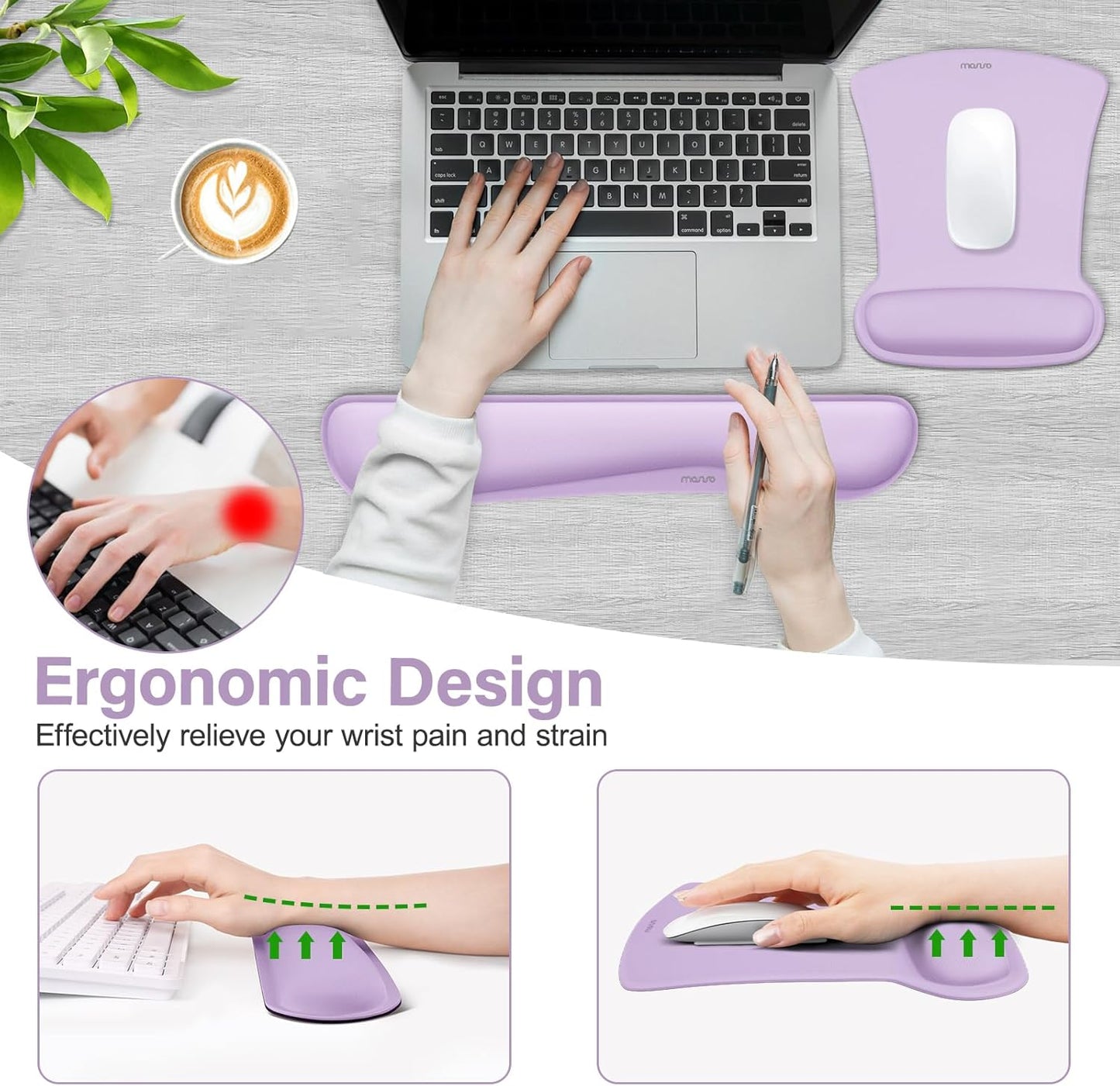 MOSISO Wrist Rest Support for Mouse Pad & Keyboard Set, Ergonomic Mousepad Non-Slip Base Home/Office Pain Relief & Easy Typing Cushion with Neoprene Cloth & Raised Memory Foam, Black