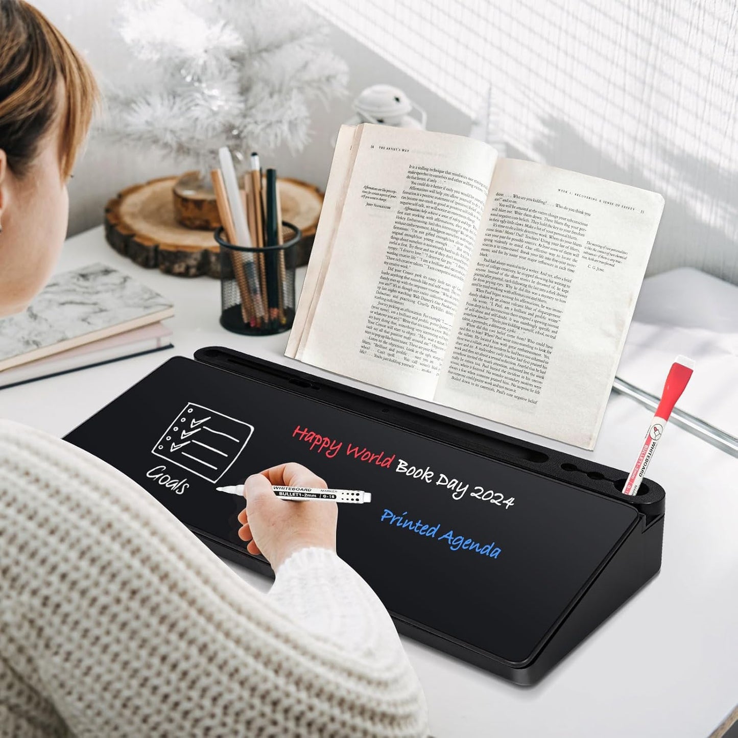DOLLAR BOSS Glass Desk Whiteboard Calendar Small Dry Erase Board Desktop White Board with Storage Drawer Computer Keyboard Stand Desk Organizer, Colorful Weekly Calendar, Black