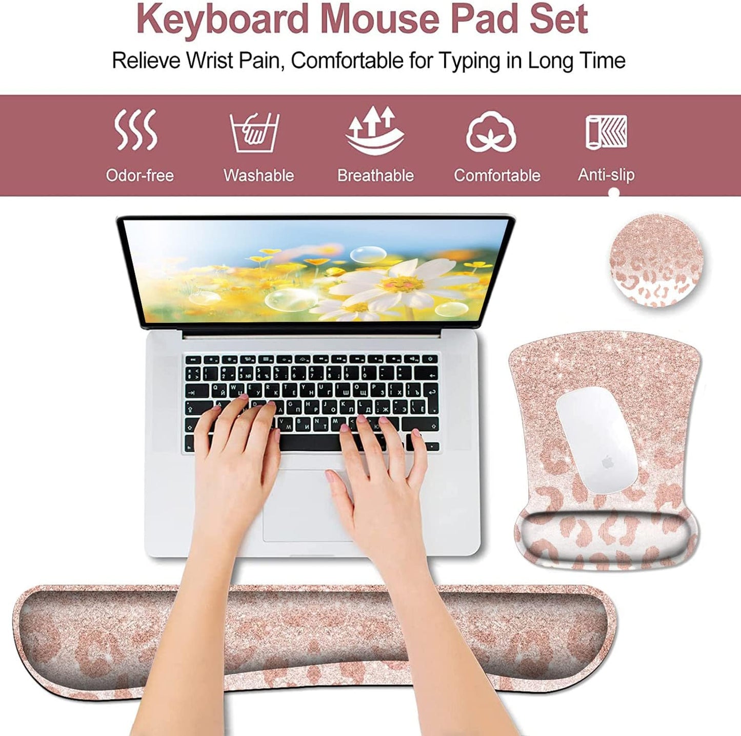 Mouse Pad with Wrist Support, Ergonomic Gel Mouse Pad Beautiful Flowers,Non-Slip Durable, Memory Foam Keyboard Wrist Rest, Suitable for Office Typing Games, Pink Hyacinths on Wood Panel