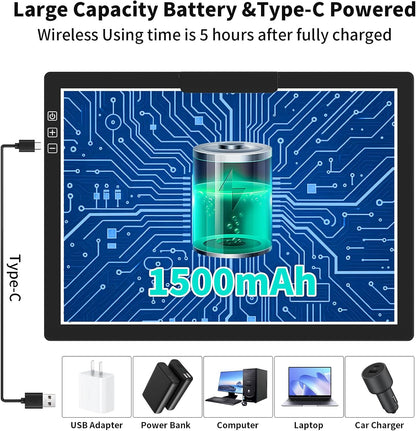 HIUKCOLED Rechargeable A4 Light Pad, Battery Powered Light Board with Carry Bag, Built-in Top Clip＆Stand, Stepless Dimmable＆6-Level Brightness Adjustable, Wireless LED Tracing Box for Weeing Vinyl