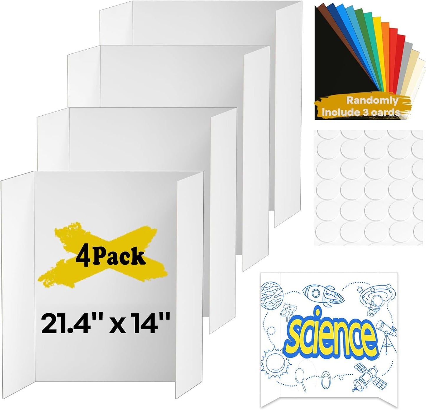 4 Pcs Small Trifold Poster Board, 21.4" x 14" Presentation Board, with Double Sided Tapes and Cardboard, White Corrugated Project Boards/Display Board for School Project/Science Fair Display Boards
