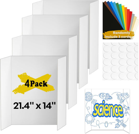 4 Pcs Small Trifold Poster Board, 21.4" x 14" Presentation Board, with Double Sided Tapes and Cardboard, White Corrugated Project Boards/Display Board for School Project/Science Fair Display Boards
