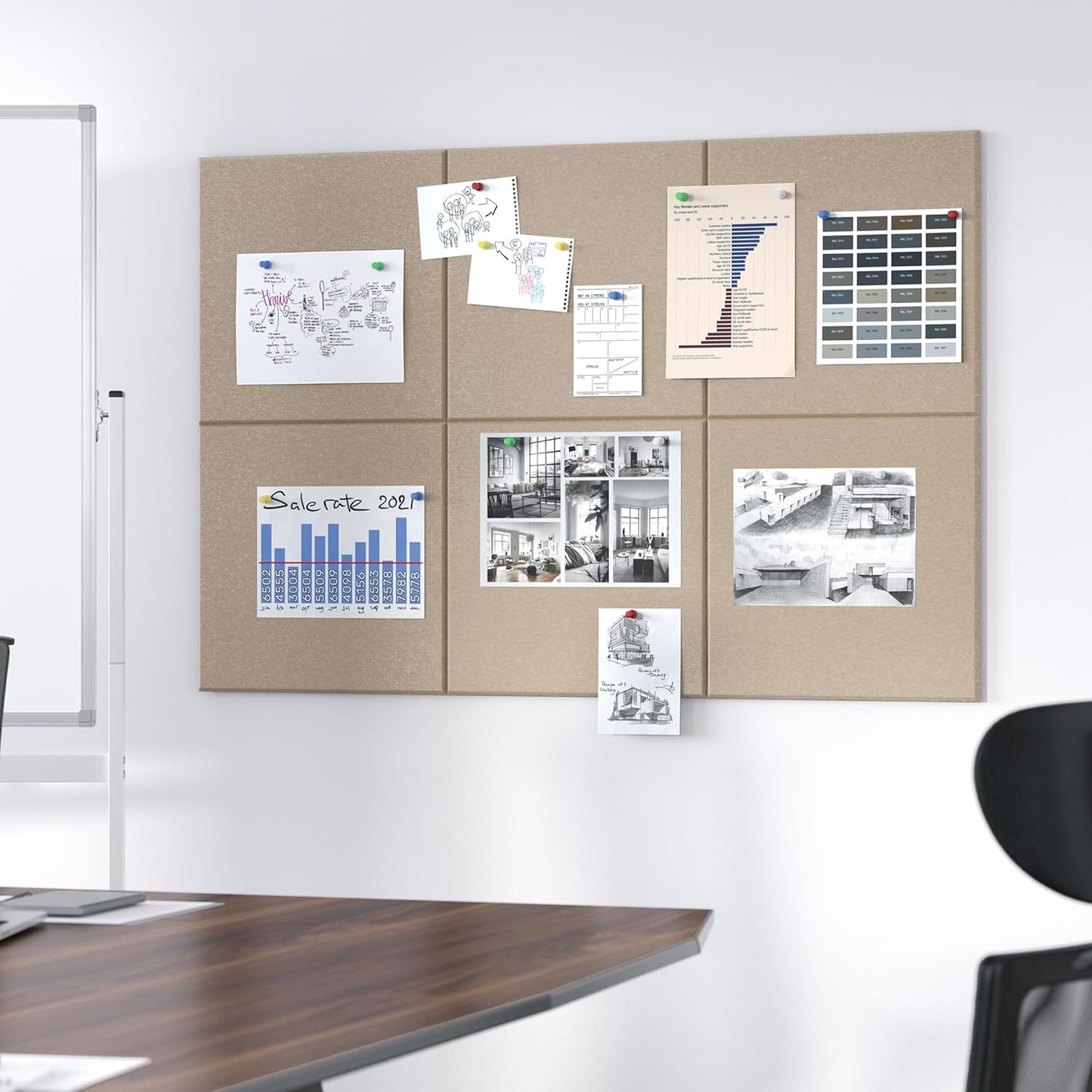 Neatsure Large Cork Board for Wall, Black Felt Bulletin Board with Pushpins, 36" x 24" 6 Panels Wall Tiles, Tack Push Pin Boards for Office