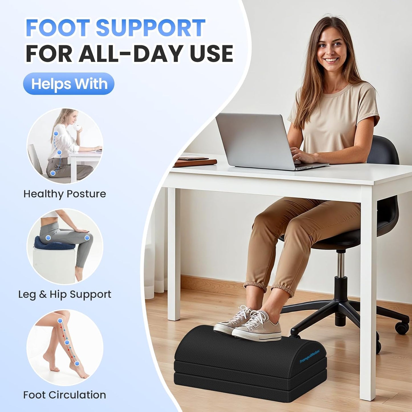TranquilRelax Foot Rest for Under Desk at Work, Gaming Accessories Foot Stool with 3 Adjustable Heights & Washable Cover, Comfortable Office Desk Accessories, Footrest for Office, Home and Car (Black)