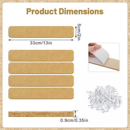 Thboxes 5 Pack Felt Bulletin Board Strips, 13x2 Inch Self Adhesive Felt Pin Boards with 30 Pushpins, Cork Board for Walls Home Office Decor(Black)