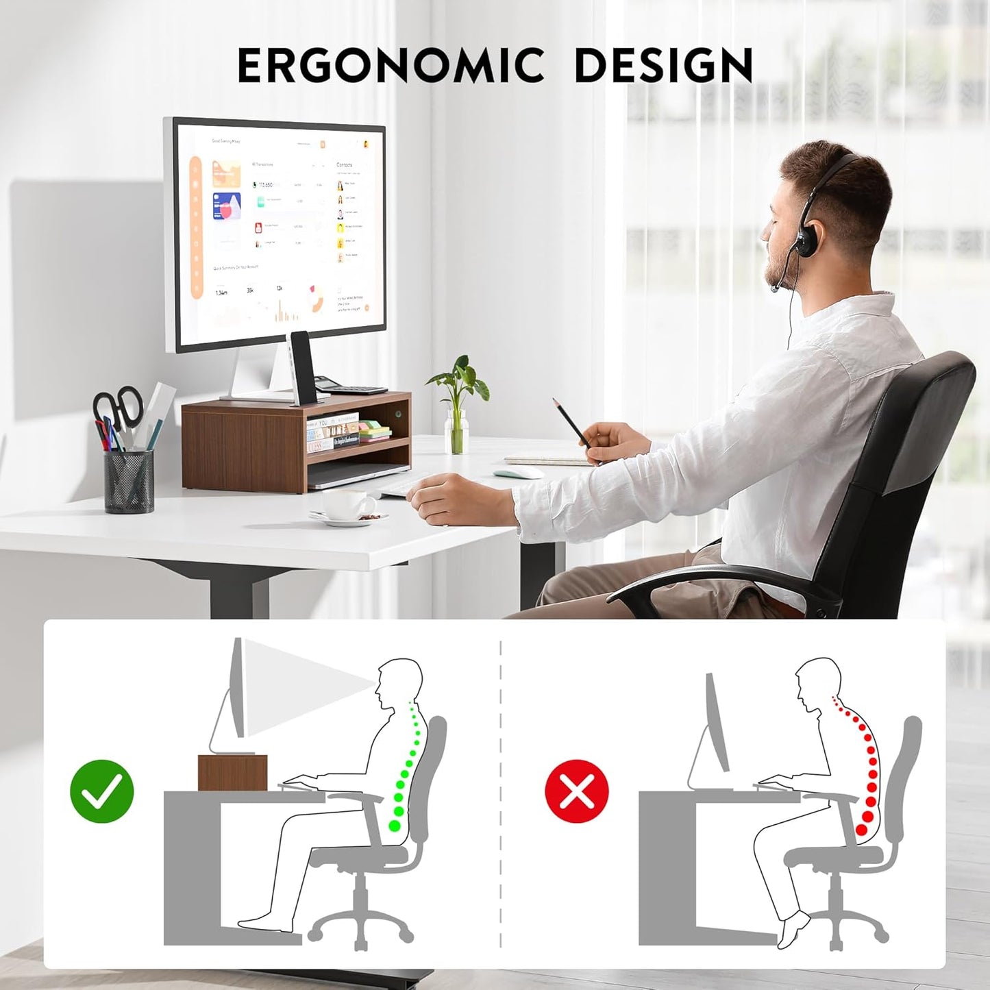 BONTEC Wooden Monitor Stand Riser for Desk, 2-Tier Computer Monitor Stand with Storage, 66 lbs Desk Shelf Organizer, Laptop & Printer Stand with Phone Holder and Cable Management, White, 16.5 Inch