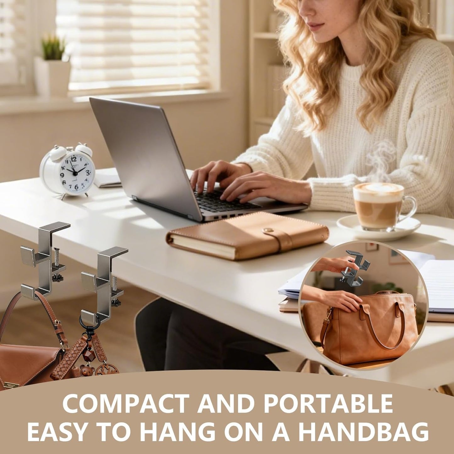 2-Pack Aluminum Purse Hook for Desk & Table, No Drilling, Bolt-Fixed Desk Bag Hook – Strong Load-Bearing, Double Hooks for Bags/Backpacks (Cream)