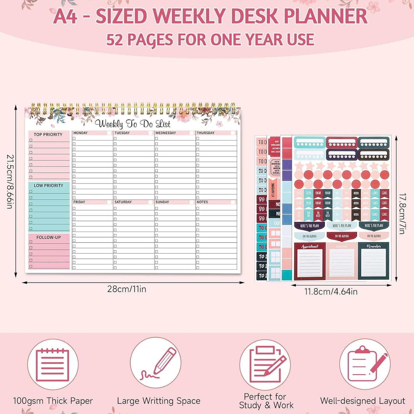 Weekly To Do List Notepad, 8.5''x11'' Weekly Desk Planner with 52 Tear Off Sheets Undated Weekly Planner Habit Tracker & Productivity Organizer for Home School and Work, Light Green
