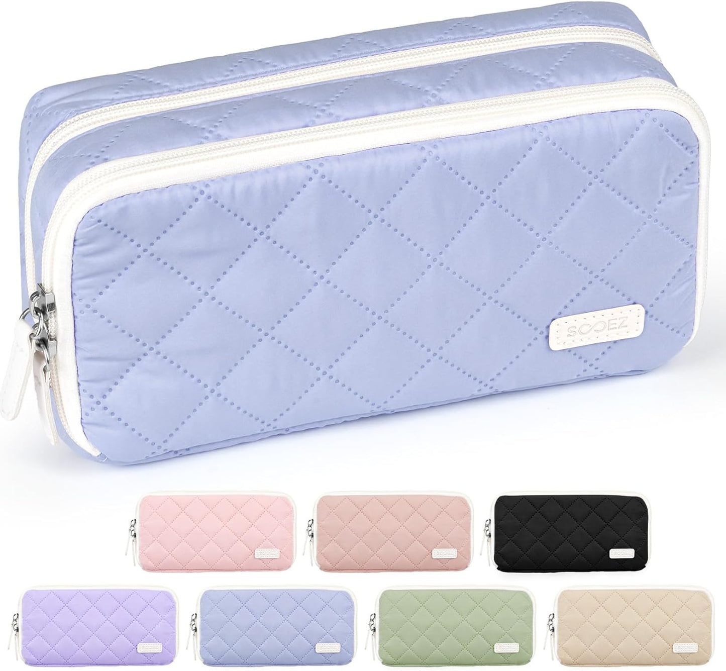 Sooez Large Pencil Case Pouch, Extra Big Pencil Bag with 8 Compartments, Pen Bag Wide Opening, Soft Quilted Pencil Pouch Organizer with Zipper, Portable Pencil Case for Teen Girls, Pink