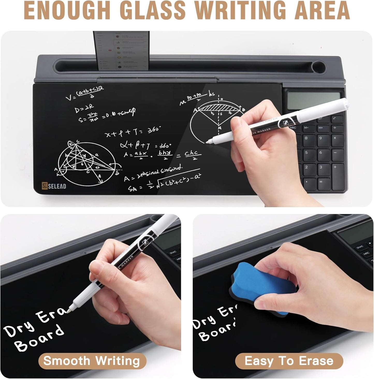 SELEAD Desktop Glass Whiteboard with Wireless Charger Station, Dry Erase Board Computer Pad Keyboard Stand with Organizer for Home, School, Office Desk Accessories, Black