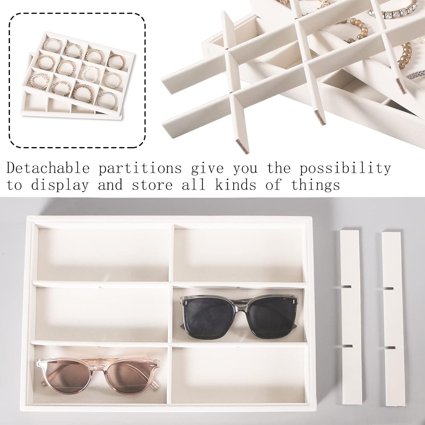 Coward Sunglass Organizer, Beige Velvet Glasses Trays - Eyeglasses Watches Jewelry Display - Men Women (8 Grids)