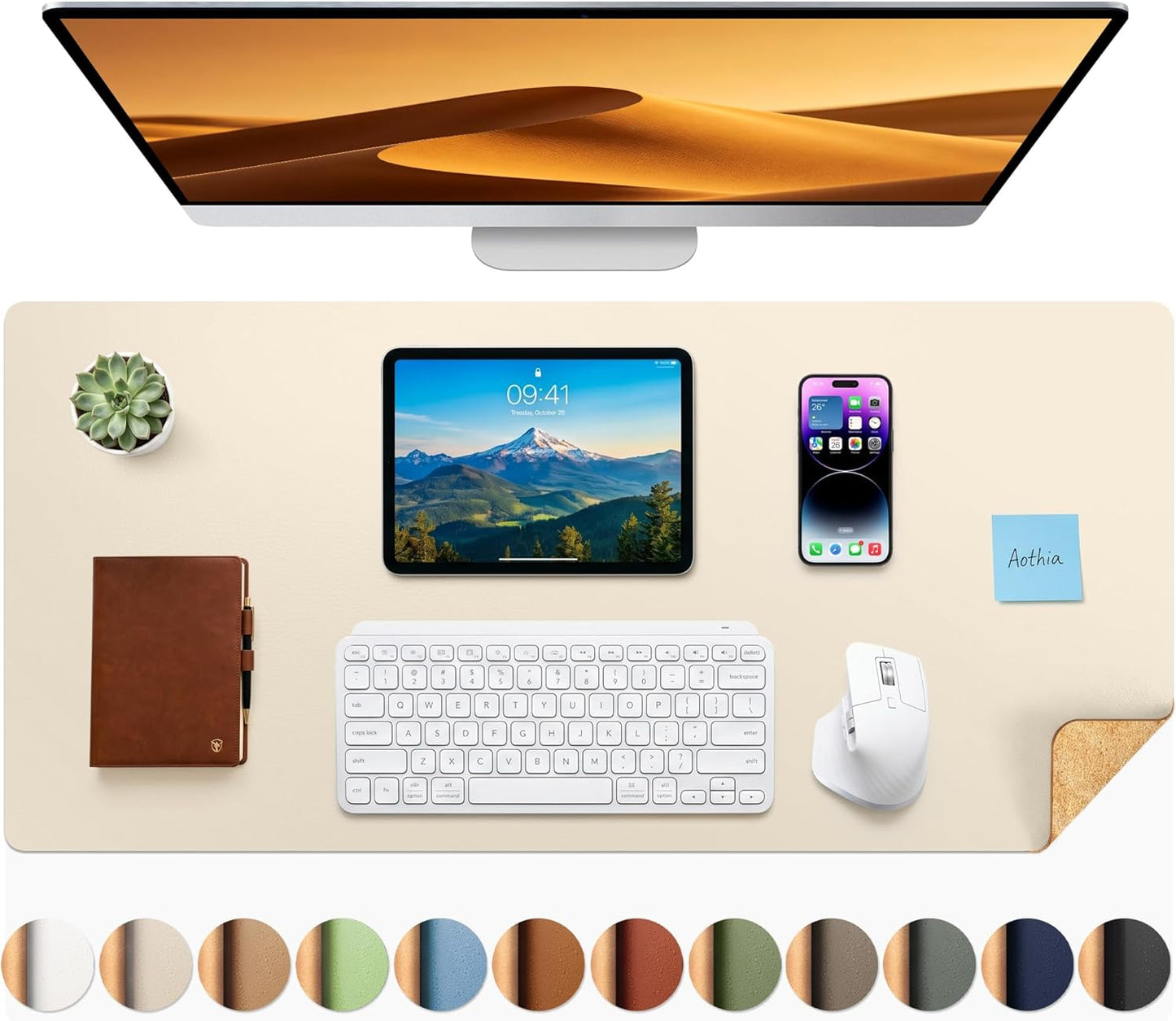 Aothia Dual-Sided Desk Pad - 25.6x13.7 inches Leather Desk Mat, Natural Cork Desk Pad Protector, Large Mouse Pad for Desk, Waterproof Desk Blotter Pad, Desk Writing Pad for Office Work/Home, Black
