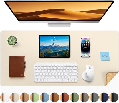 Aothia Dual-Sided Desk Pad - 25.6x13.7 inches Leather Desk Mat, Natural Cork Desk Pad Protector, Large Mouse Pad for Desk, Waterproof Desk Blotter Pad, Desk Writing Pad for Office Work/Home, Black