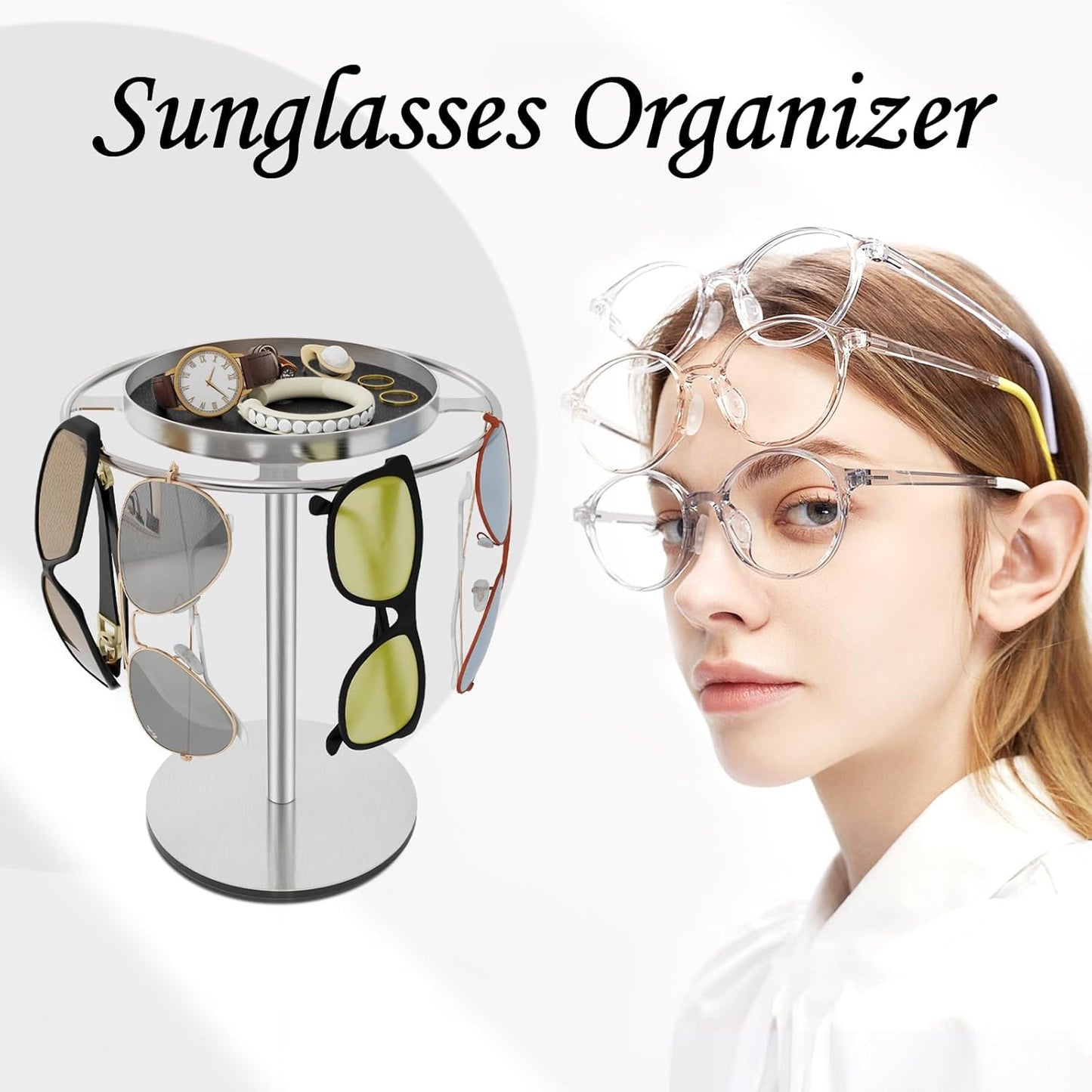 LSK Metal Sunglasses Organizer, Glasses Holder Stand with Storage Tray, Eyeglasses Holder with Anti-Slip Pads for Tabletop, Desk, Dresser, Matte Black