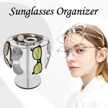 LSK Metal Sunglasses Organizer, Glasses Holder Stand with Storage Tray, Eyeglasses Holder with Anti-Slip Pads for Tabletop, Desk, Dresser, Matte Black