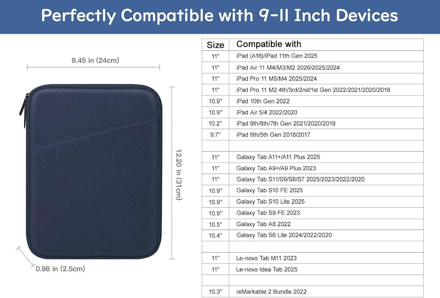 Dadanism 9-11" Tablet Sleeve Bag Carrying Case for iPad (A16) 11th Gen 11", iPad 10th Gen 10.9" Air 5/4, iPad Air M4/Pro 11", iPad 9/8/7th, Galaxy Tab A11+ Plus 11", Remarkable 2 10.3", Black