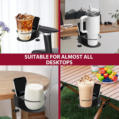Desk Cup Holder for Coffee Mugs, Tumblers, Water Bottles with Mobile Phone Stand, Anti-Spill Metal School Home Office Accessories (White-1)
