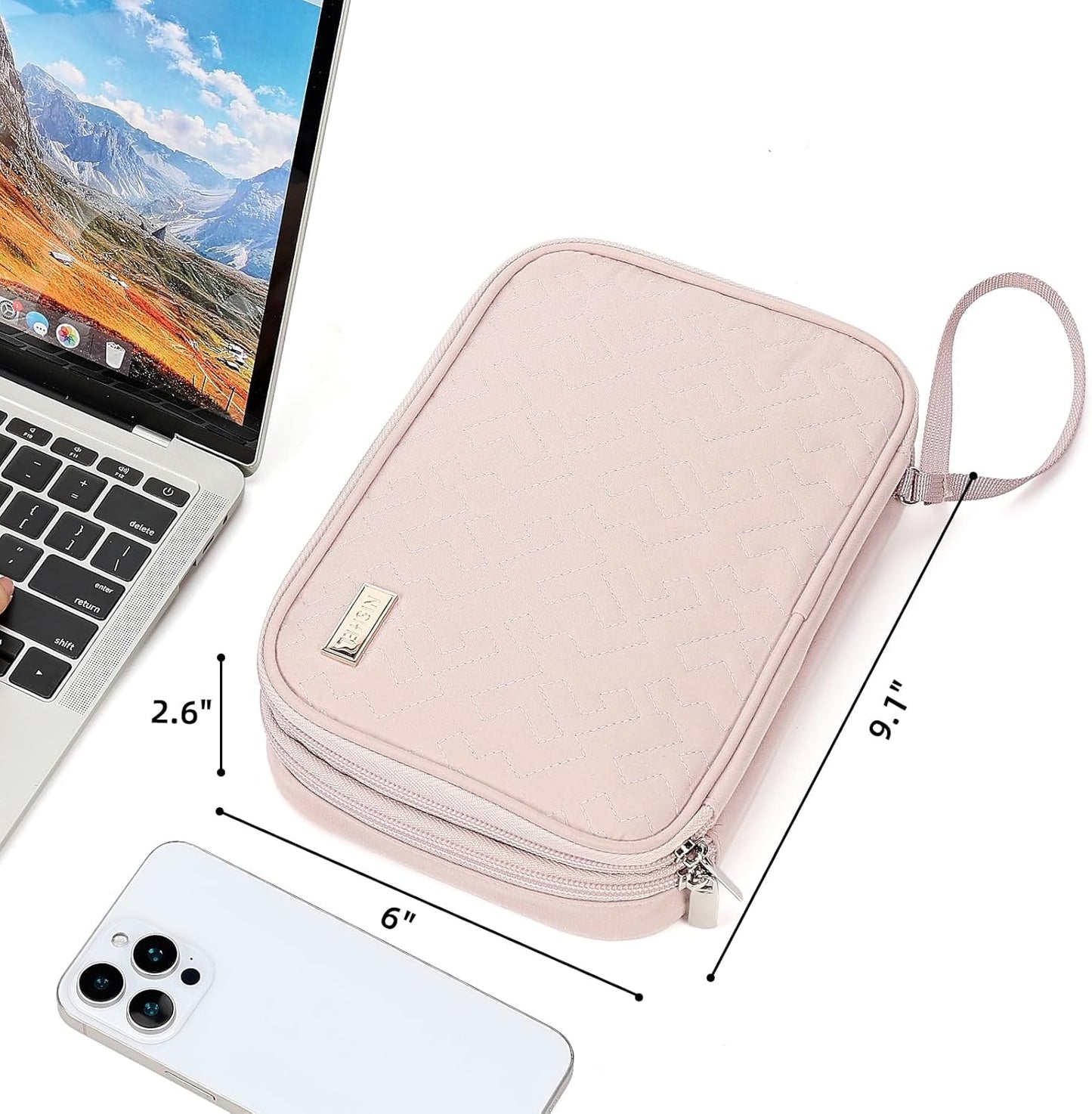 NISHEL Travel Cord Organizer Case, Double Layers Tech Electronic Bag, Essentials for Charger, Cable, Phone, Flash drive, Medium, Pink