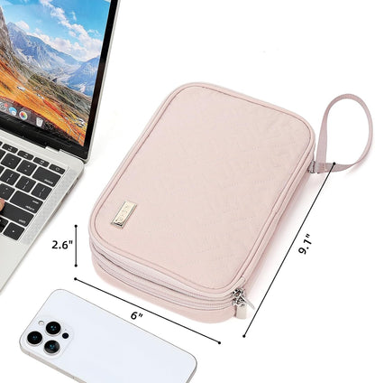 NISHEL Travel Cord Organizer Case, Double Layers Tech Electronic Bag, Essentials for Charger, Cable, Phone, Flash drive, Medium, Pink