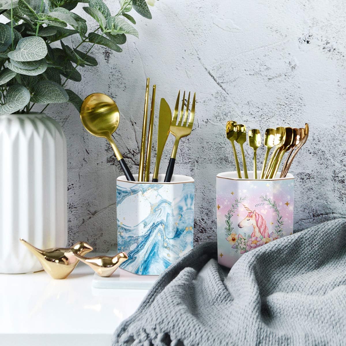 Pen Holder, Pencil Holder for Desk, Marble Desk Organizer Cute, Durable Ceramic Pencil Cup, Decorative Makeup Brush Holder Cup, Stationery Holder for Office, Home, Gray Marble