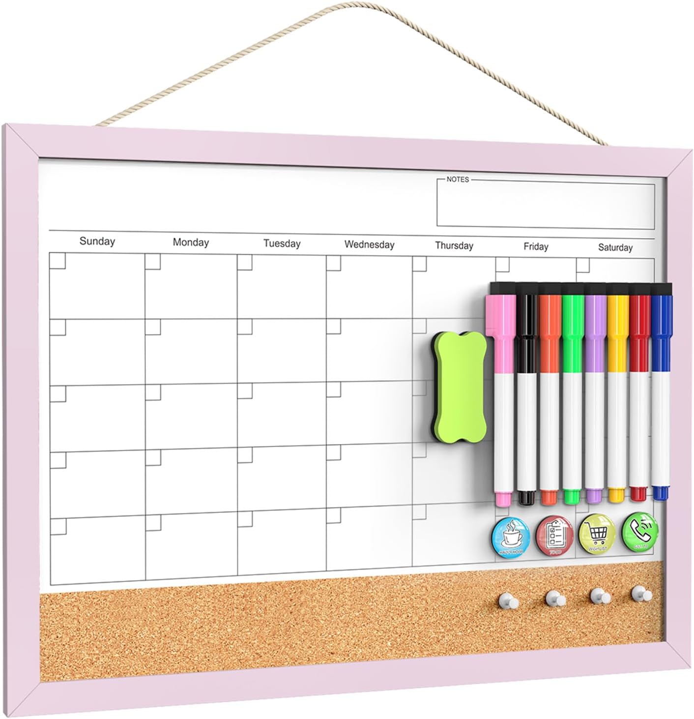 Calendar Whiteboard for Wall, TANKEE 17x13 Inches Whiteboard Calendar Cork Board Combo, Small Magnetic White Board with Wood Framed, Hanging Dry Erase Board for Kitchen Home Office School Planner