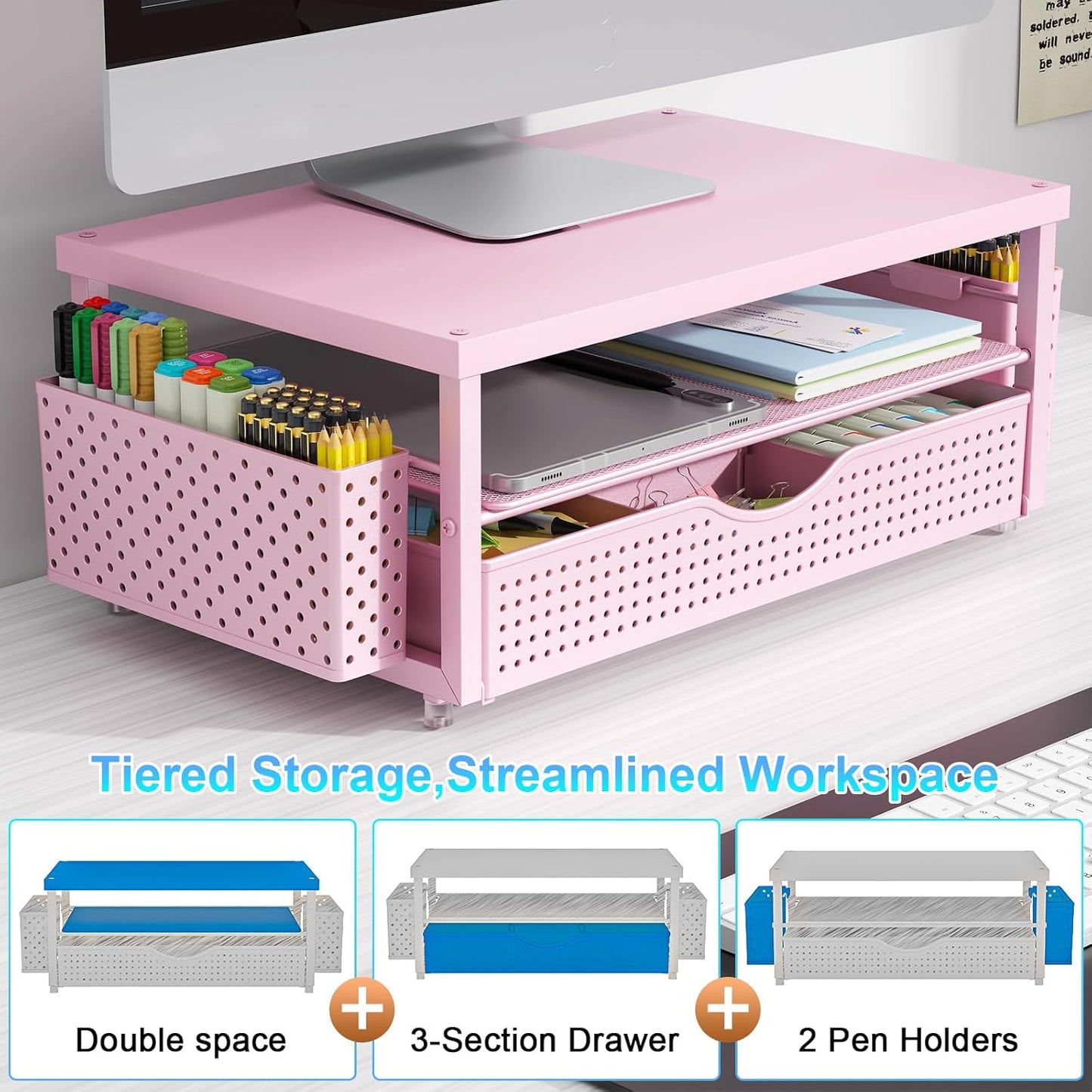 gianotter Monitor Stand Riser, Office Desk Shelf Organizer, Desk Organizer with Drawer and Pen Holder, 2-Tier Computer Stand, Office Organization (Ink)