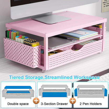 gianotter Monitor Stand Riser, Office Desk Shelf Organizer, Desk Organizer with Drawer and Pen Holder, 2-Tier Computer Stand, Office Organization (Ink)