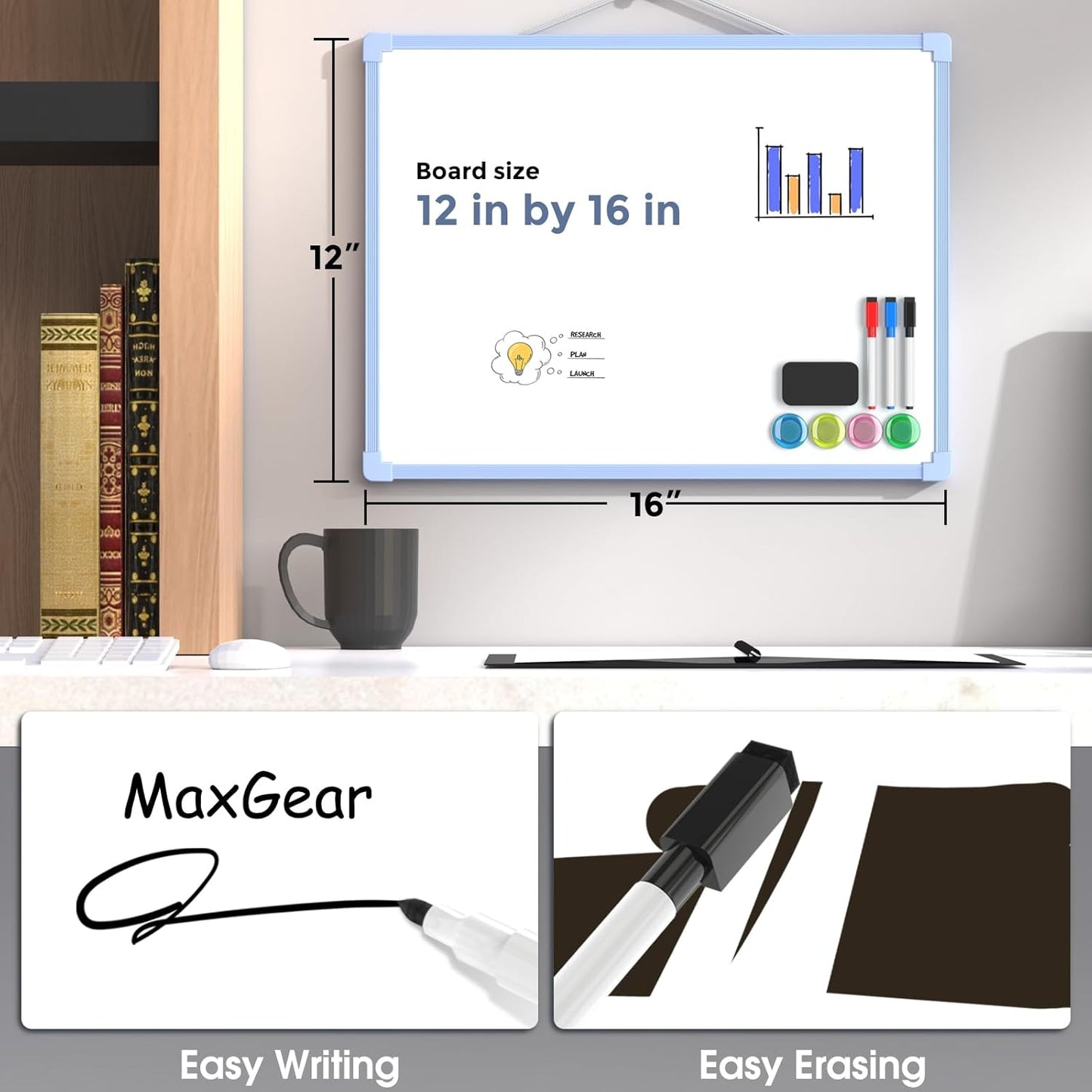 MaxGear Double-Sided Dry Erase Board for Wall, 16"x12" Hanging Whiteboard, Small Dry Erase White Board with 3 Markers and 4 Magnets, Portable Whiteboard for Planning, Drawing, Memo, to Do List