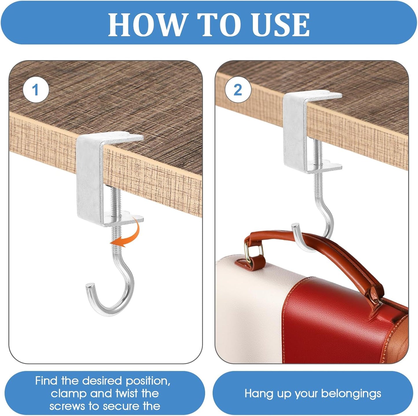 cobee Clamp-On Under Desk Hooks, Desk Mount Hanging Bag Holder Metal Hook Adjustable Headphones Clamp Organizer Portable Purse Hanger Clip Reduce Desk Clutter Table Desk Under Counter (4 Pcs, Black)