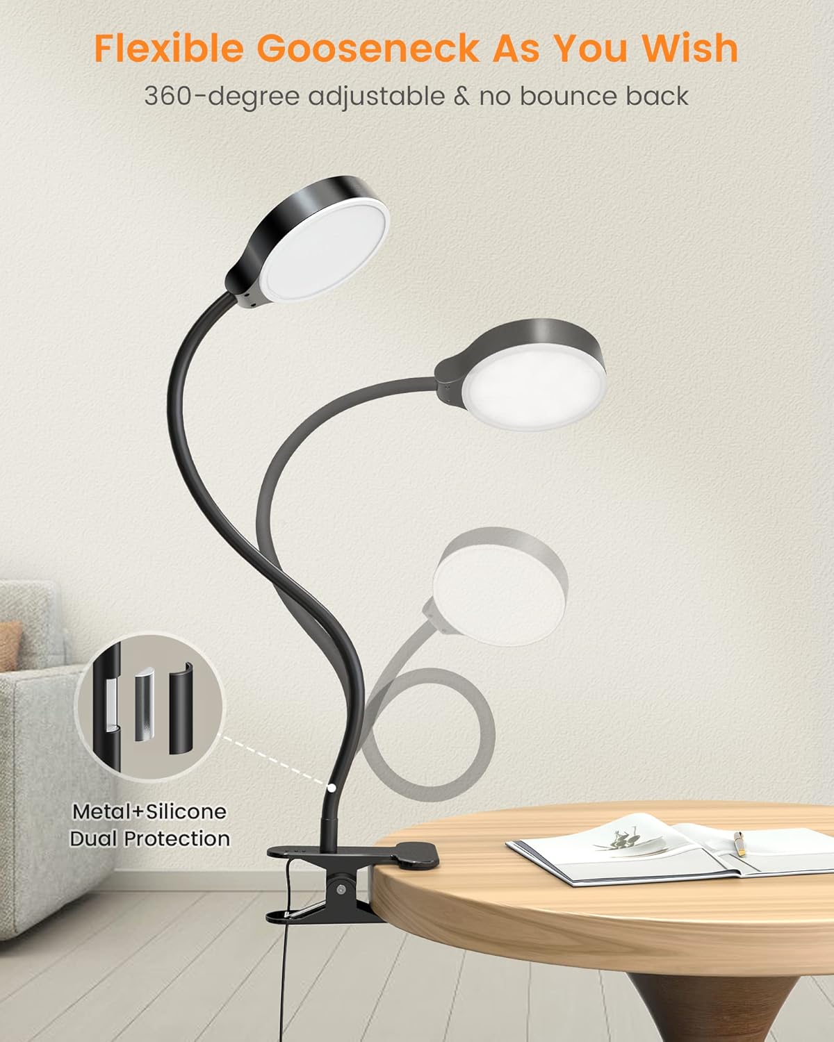 Glocusent 5W Clip on Light, 36LED Eye Caring Reading Light for Bed, 3 Colors & 5 Brightness Clip on Lamp with Adapter, Perfect Reading Light for Bed with Clamp/Bunk Bed/Headboard/Table/Desk