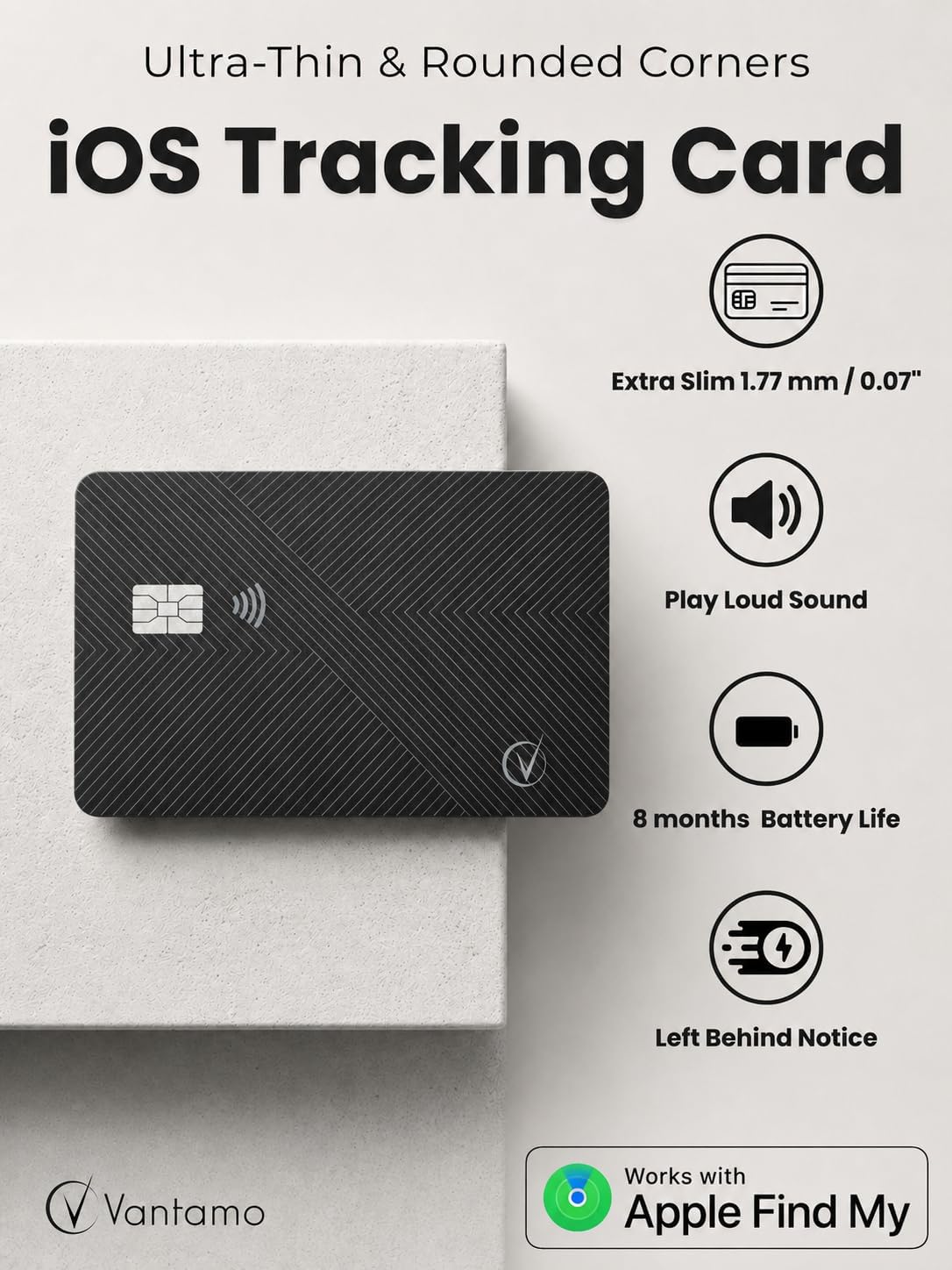 Vantamo Ultra-Thin Wallet Tracker Card, Apple MFi Certified, IP68 Waterproof Bluetooth Smart Card Wallet Tracker & Passport, Works with Apple Find My, Wireless Charging, iOS Only