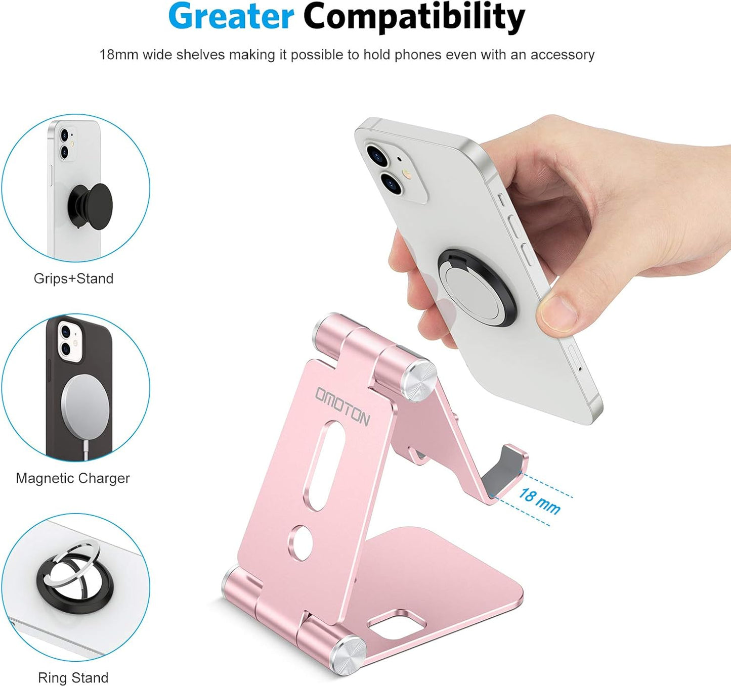 OMOTON Foldable Cell Phone Stand, C4 Portable Aluminum Phone Holder, Adjustable Phone Dock Cradle for iPhone 17/16/15 Pro Max Air, Small Tablets, Smart Phones, Women Men Gift for Fathers Day, Silver