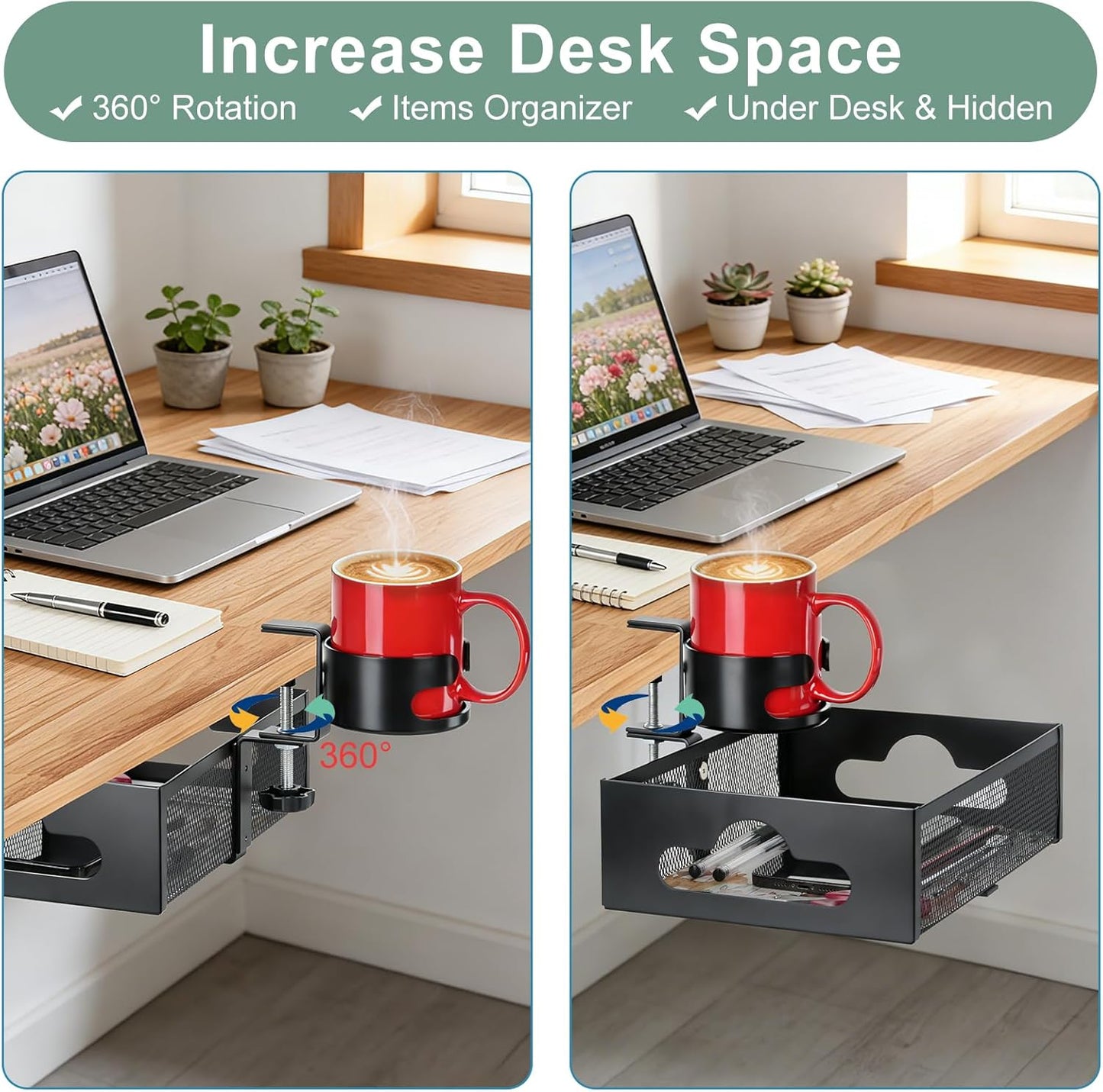 MYITYARD Desk Cup Holder Clamp, Anti-Spill Clip On Table Cup Holder, Rotatable Water Bottle Stand Drink Coffee Mug Storage, Office Accessories for Home and School (Black)