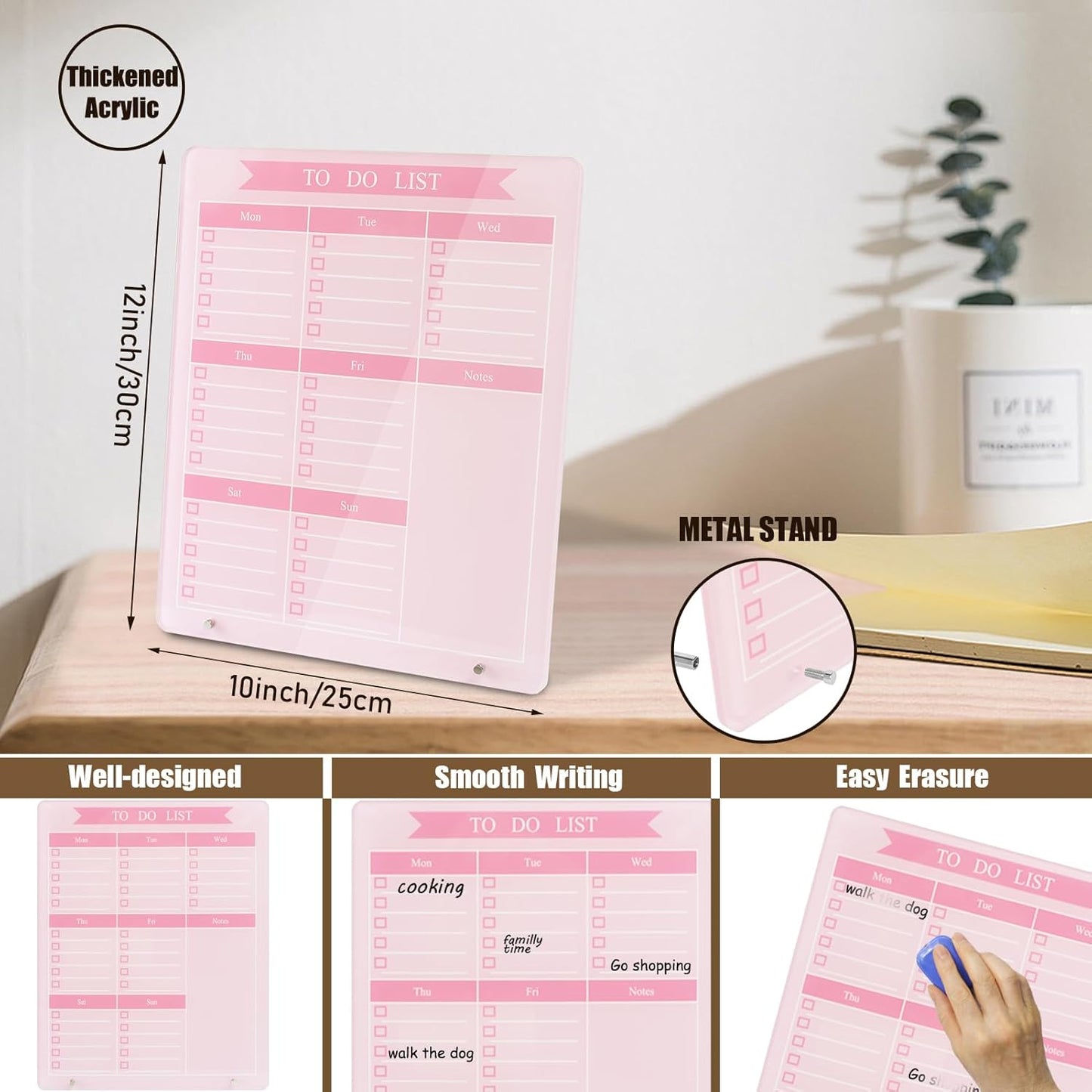 Weekly Planner Dry Erase Board for Desk,10''x12'',Acrylic Desk Calendar to Do List Planner Board with Stand,Pink Dry Erase White Board for Home Office School-ZL-P-2530