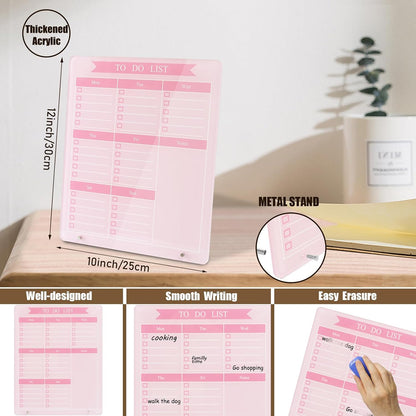 Weekly Planner Dry Erase Board for Desk,10''x12'',Acrylic Desk Calendar to Do List Planner Board with Stand,Pink Dry Erase White Board for Home Office School-ZL-P-2530