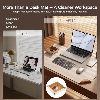 Premium Faux Leather Desk Mat & Tray Set，Innovative Cork-Look Printed Base，Gift Tube Packaging，Full-Desk Coverage，Non-Slip Desk Pad for Office Home（Olive Green）