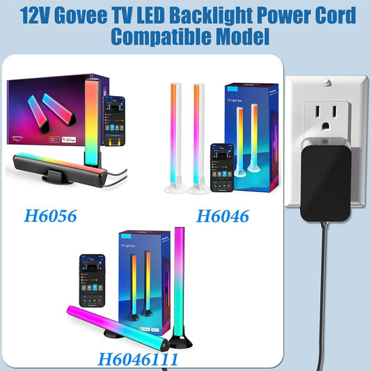 12V LED Light Bars Power Cord for Govee Smart TV Led Backlight H6056 H6046 H6046111 Power Adapter for Govee RGBIC Light Bars AC Power Supply UL Listed