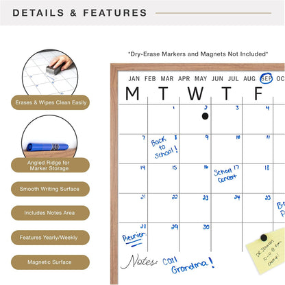 MCS Dry Erase Weekly Planner 11x24 Walnut Framed Calander Whiteboard for Wall, Plan Your Week with Family Weekly Planner for Dinners, Sports, Events & More