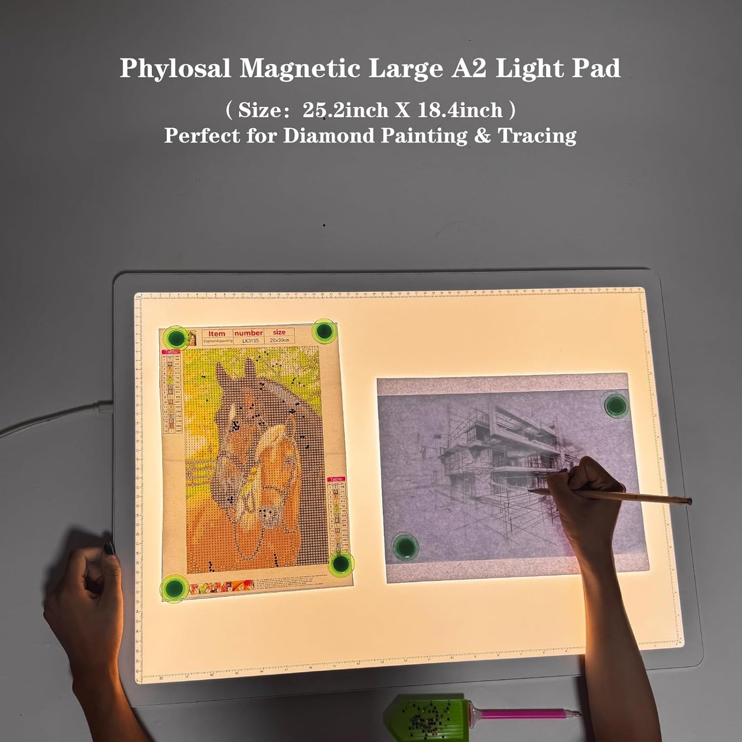 Phylosal Magnetic A3 Light Pad with Bag, Super Bright Light Box with Side Button, Diamond Art Light Board, Lightbox for Tracing and Drawing, USB Power Light Table for Sketching, Weeding Vinyl (White)