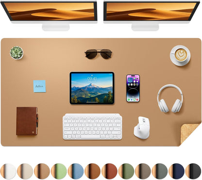 Aothia Dual-Sided Desk Pad - 25.6x13.7 inches Leather Desk Mat, Natural Cork Desk Pad Protector, Large Mouse Pad for Desk, Waterproof Desk Blotter Pad, Desk Writing Pad for Office Work/Home, Black