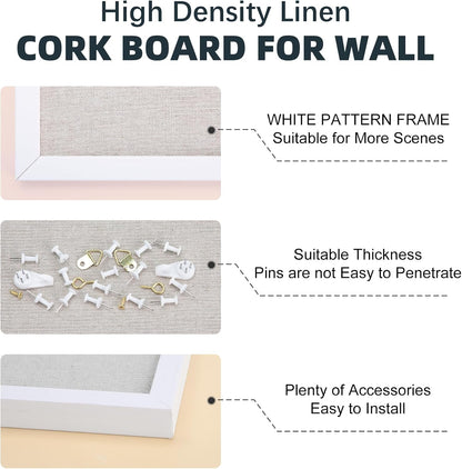 OWLKELA 12"x16" inch Bulletin Board with Linen, White Wood Style Frame, with 10 Pushpins, Linen Cork Board, Ideal for School, Home & Office