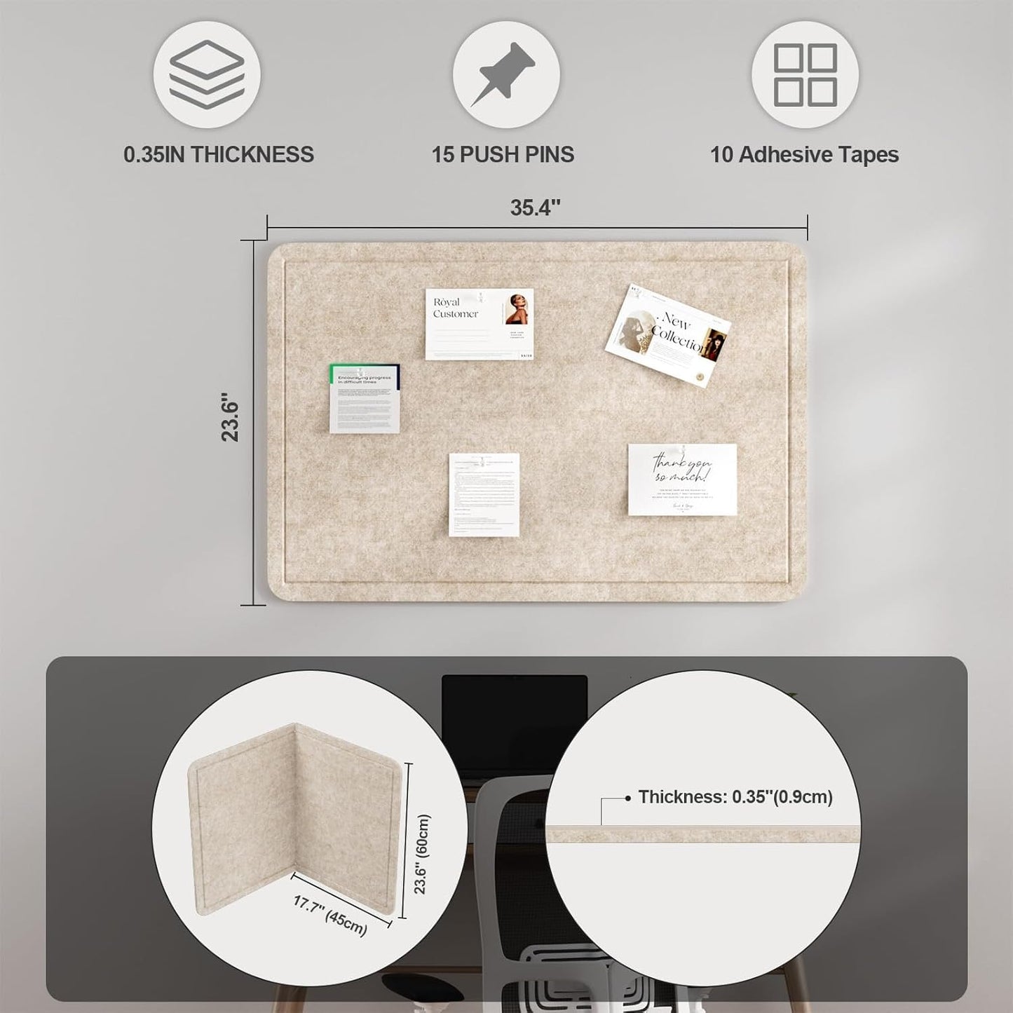 Large Felt Bulletin Board for Wall, 24"x18" Frameless Picture Board, Soft Felt Cork Board for Office, Home Planning & Office Wall Decor, Easy Install Pin Board
