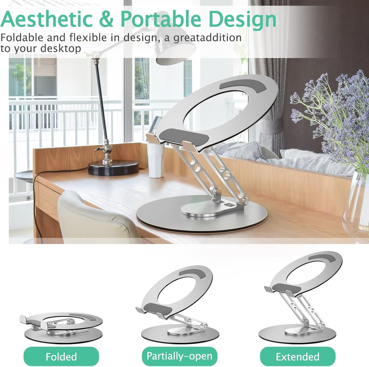 Laptop Stand for Desk Adjustable Computer Stand with 360 Rotating Base Ergonomic Laptop Riser Mount for Desk Foldable Protable Computer Desk Fits with MacBook Pro Air, Rectangle