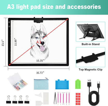 A4 Light Board for Diamond Painting - Tracing Light Box with Stand, Stepless Dimmable 3 Levels Brightness Light Pad, Ultra-Thin LED Light Pad for Weeding Vinyl, Drawing, Diamond Painting