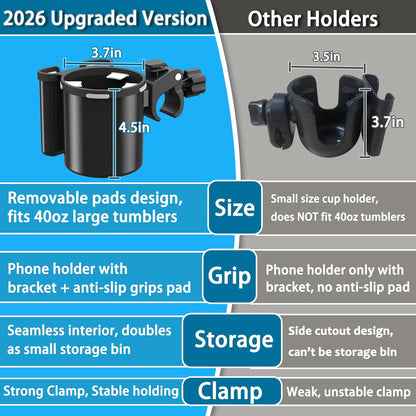 Universal Clamp-on 2-in-1 Cup Holder & Phone Holder for Stroller, Walker, Wheelchair, Fits 12oz-40oz Drinks, Multifunctional Storage Organizer, Pack of 2