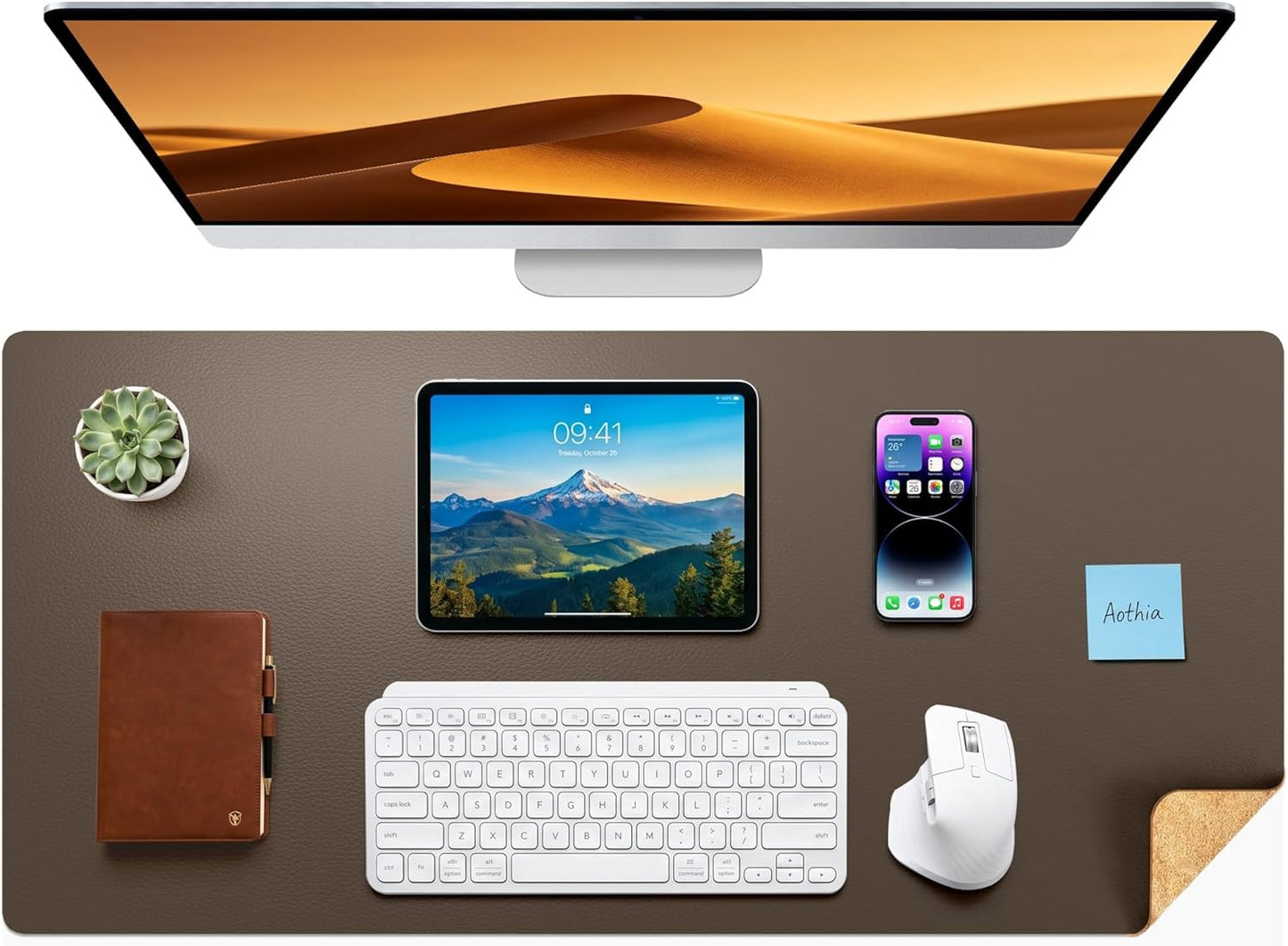 Aothia Dual-Sided Desk Pad - 25.6x13.7 inches Leather Desk Mat, Natural Cork Desk Pad Protector, Large Mouse Pad for Desk, Waterproof Desk Blotter Pad, Desk Writing Pad for Office Work/Home, Black