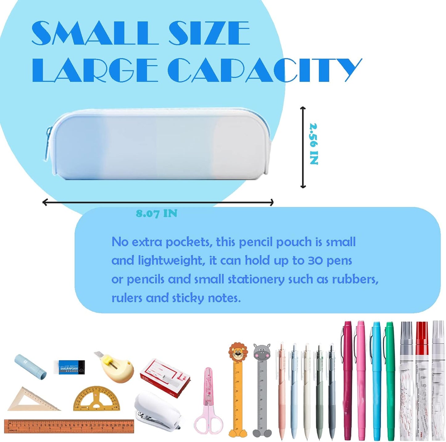 minimaliving Pencil Case,Colorful Silicone Waterproof Pencil Pouch Aesthetic Lightweight&Portable Pen Bag Stylish Small Office Supplies for Adults,Women and Men(Blue)